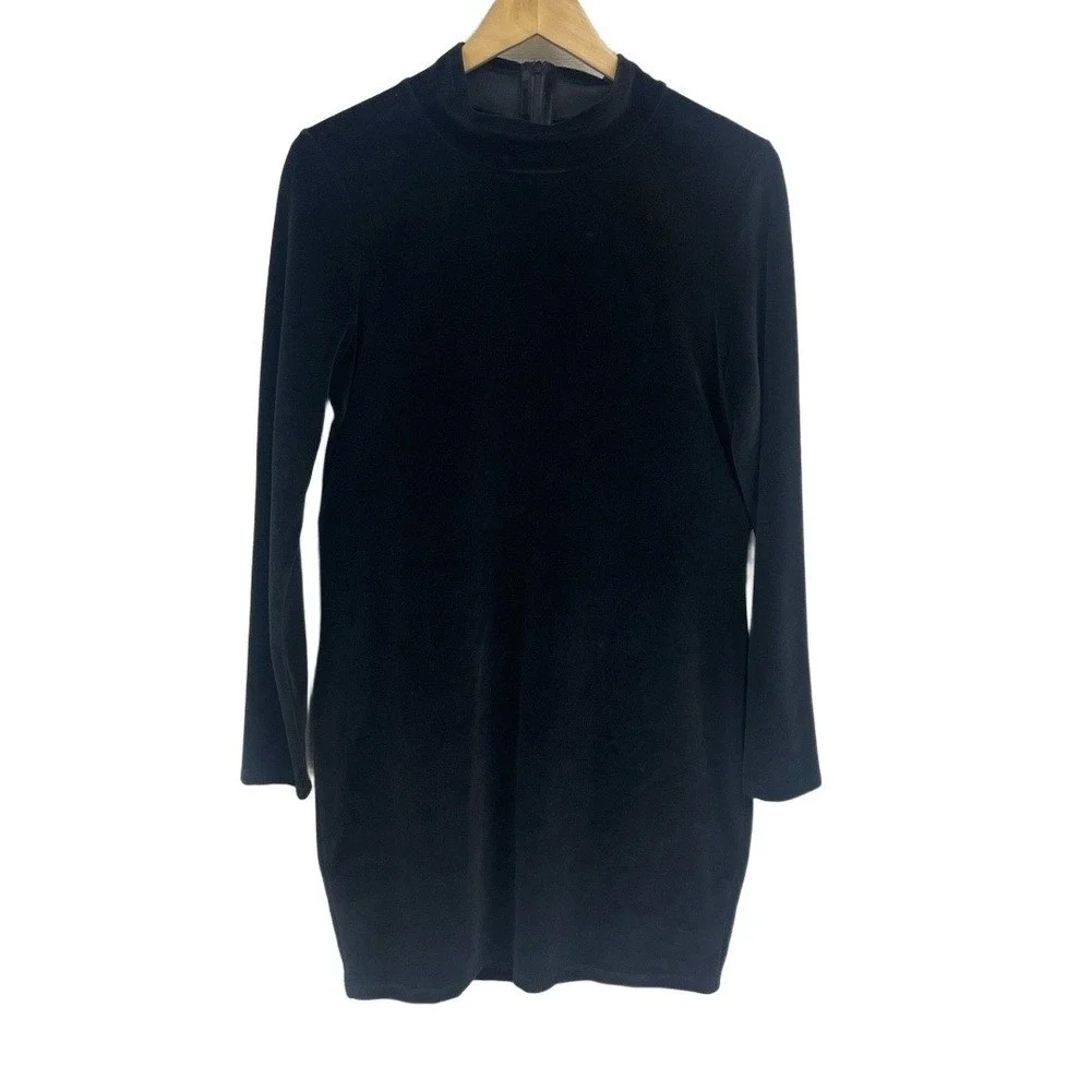 T by Alexander Wang Black Mock Neck Cut Out Back Velour Mini Shift Dress Large‎